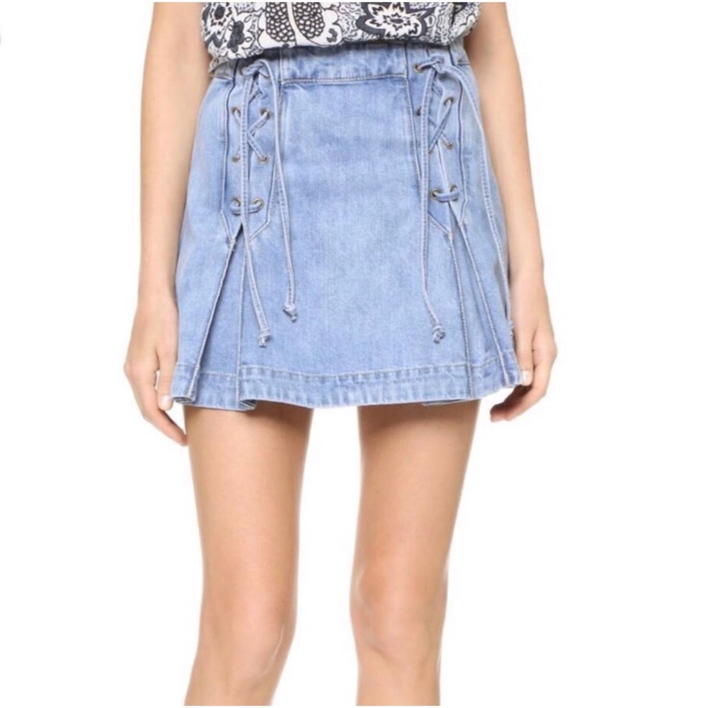 Free People Lace Up Mini Pleated Jean Skirt